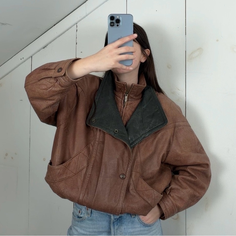 VTG Wilsons Adventure Bound Light Brown Leather Bomber Jacket Mens M Funnel Neck